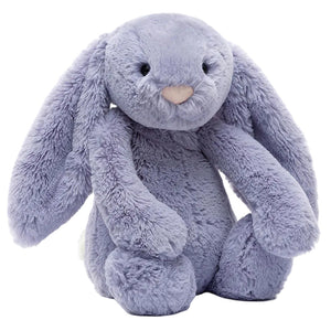 The Jellycat Bashful Viola Bunny is a grey plush toy with long floppy ears, black eyes, and a light pink nose, sitting upright against a white background.
