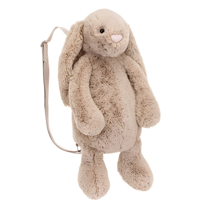 Jellycat's Bashful Beige Bunny Backpack features a plush design with floppy ears, soft fabric, and adjustable straps for comfort.