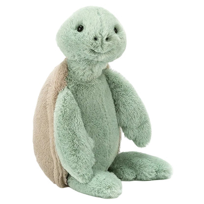 Seafoam Blue with Beige Turtleshell and black eyes.Bashful Turtle stuffed plushie from Jellycat, sitting on a white background.