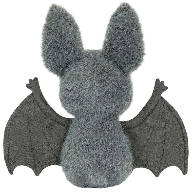Broox Bat plush toy by Jellycat, shown from behind with its oversized ears, soft fuzzy body, and outstretched smooth fabric wings—a delightful companion for bat enthusiasts.