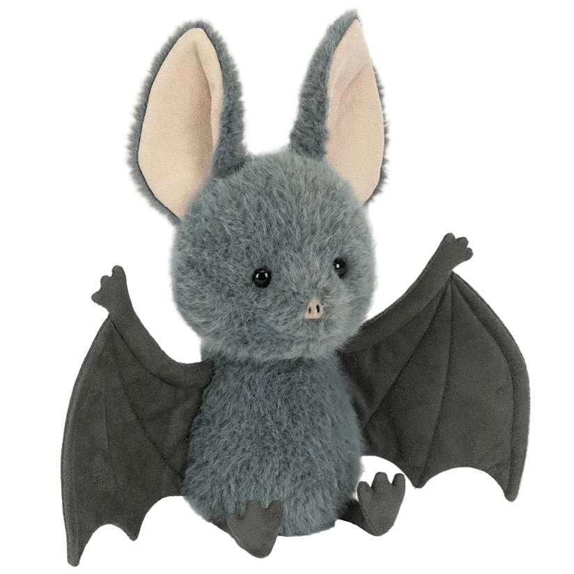 Introducing the delightful Jellycat Broox Bat! This lovable plush features velvety grey fur, oversized pink inner ears, shiny black eyes, and wide outstretched black wings—making it ideal for snuggles and creative playtime adventures.