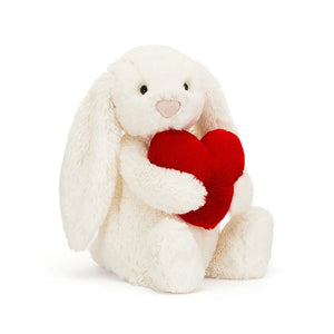 Jellycat bunny with a Bashful Red Love Heart on a white background.