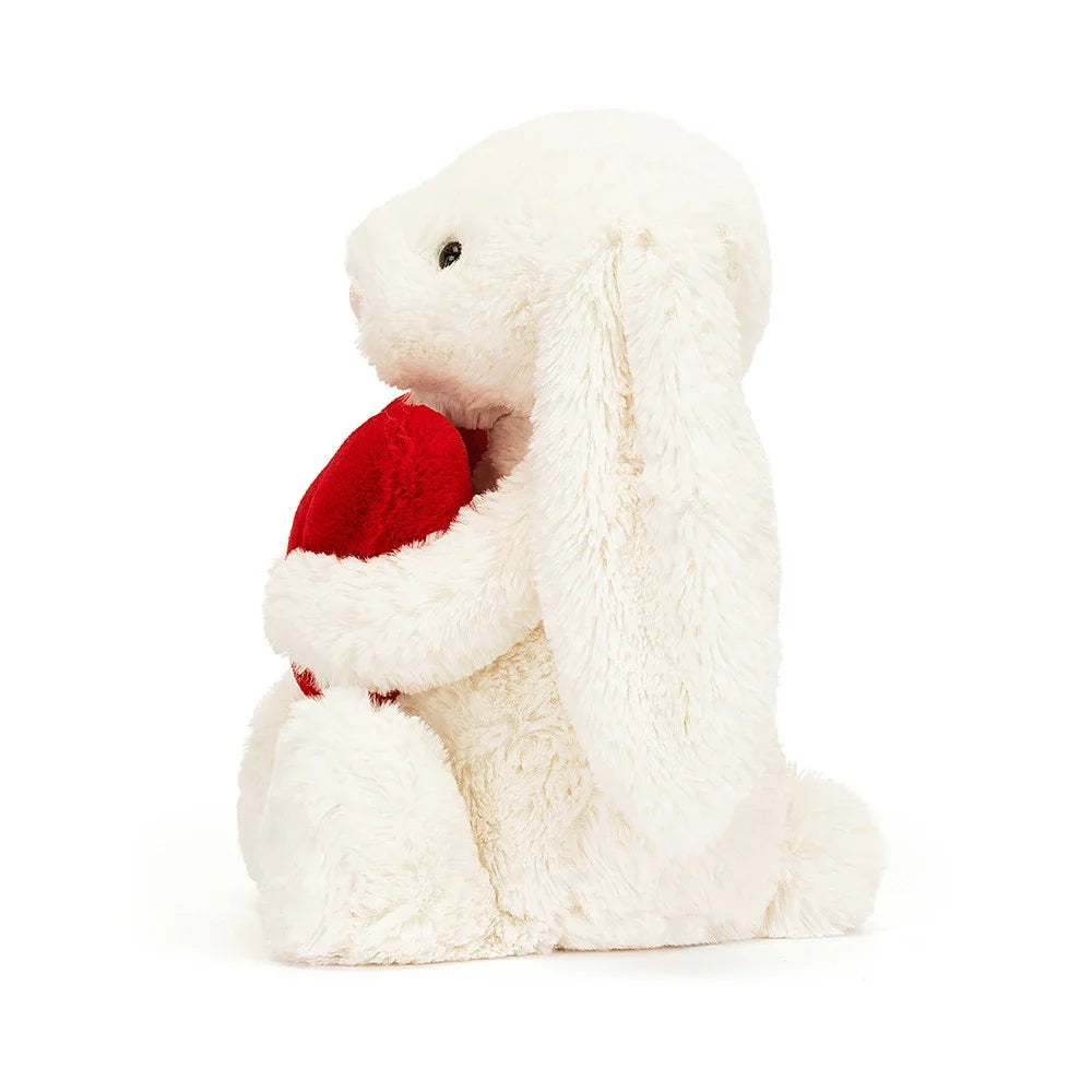 Jellycat bunny with a Bashful Red Love Heart on a white background.