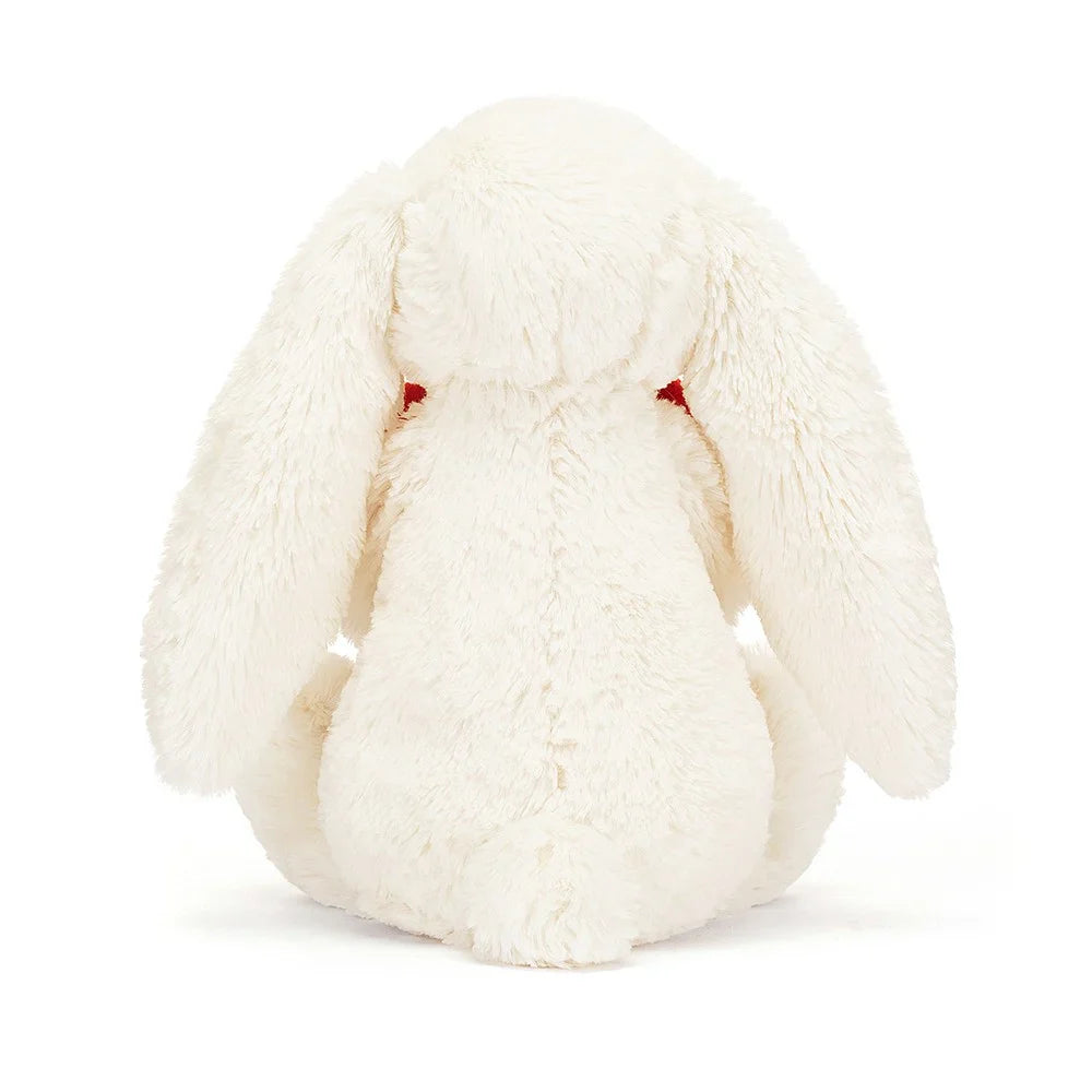 Jellycat bunny with a Bashful Red Love Heart on a white background.