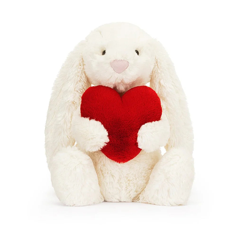 Jellycat bunny with a Bashful Red Love Heart on a white background.