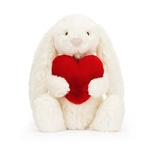 Jellycat bunny with a Bashful Red Love Heart on a white background.