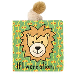 If I were a Lion Book by Jellycat, featuring a tan lion against a vibrant green jungle background with a plushie tail coming out from the book.