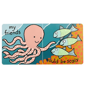 Cheerful pink octopus waves at three green fish with "my friends would be scaly" on a blue and orange background—ideal for Jellycat's If I Were An Octopus Book, perfect for toddlers exploring the underwater world.