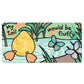 Illustration of a yellow duckling with the text "My tail would be fluffy" on a background of grass, water, and two butterflies. Perfect for a Jellycat If I Were A Duckling Board Book featuring creative play, this image comes alive with feely panels to engage little ones by Jellycat.