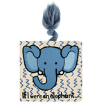 The Jellycat "If I Were An Elephant Board Book" features a cartoon blue elephant, zigzag patterns, the title, and a plush gray tail attached to the top of its cover.