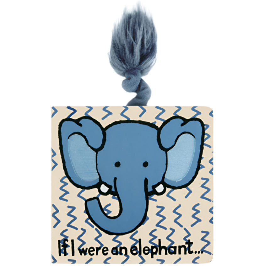 The Jellycat "If I Were An Elephant Board Book" features a cartoon blue elephant, zigzag patterns, the title, and a plush gray tail attached to the top of its cover.