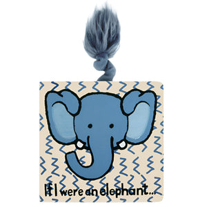 The Jellycat "If I Were An Elephant Board Book" features a cartoon blue elephant, zigzag patterns, the title, and a plush gray tail attached to the top of its cover.