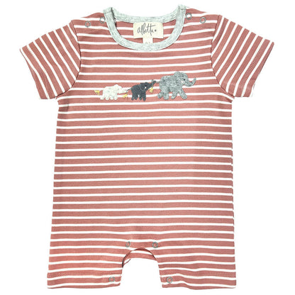 Albetta Romper, Eli Parade by Albetta with short sleeves and snap buttons, crafted from soft organic cotton. Features a row of adorable embroidered elephant appliques across the chest.