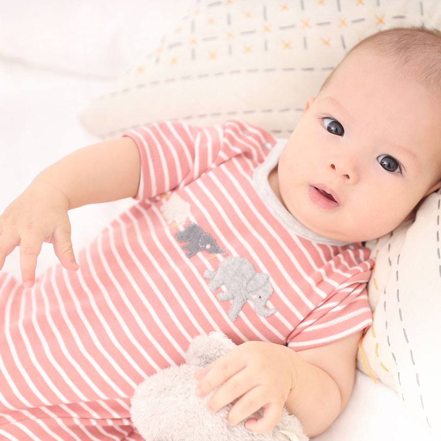 A baby in an Albetta Romper, Eli Parade, with elephant appliques lies on a bed, holding a stuffed toy, with pillows in the background.