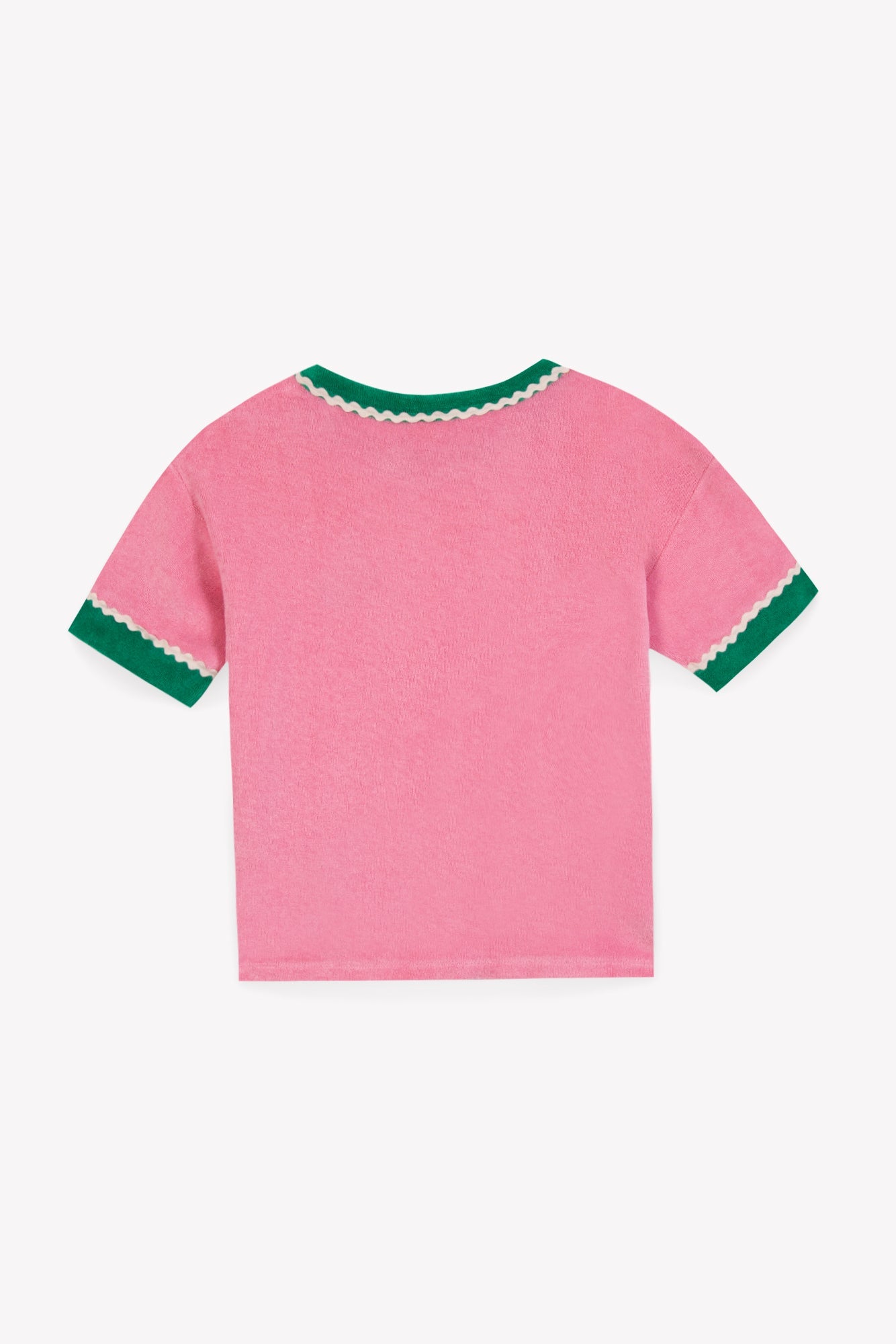 The Girls’ Livia T-Shirt by Bonton is shown laid flat with the back facing up. This short-sleeved style comes in a vibrant pink fiesta hue, featuring a green collar and sleeve cuffs highlighted by a white scalloped trim. Crafted from 100% cotton for all-day comfort.