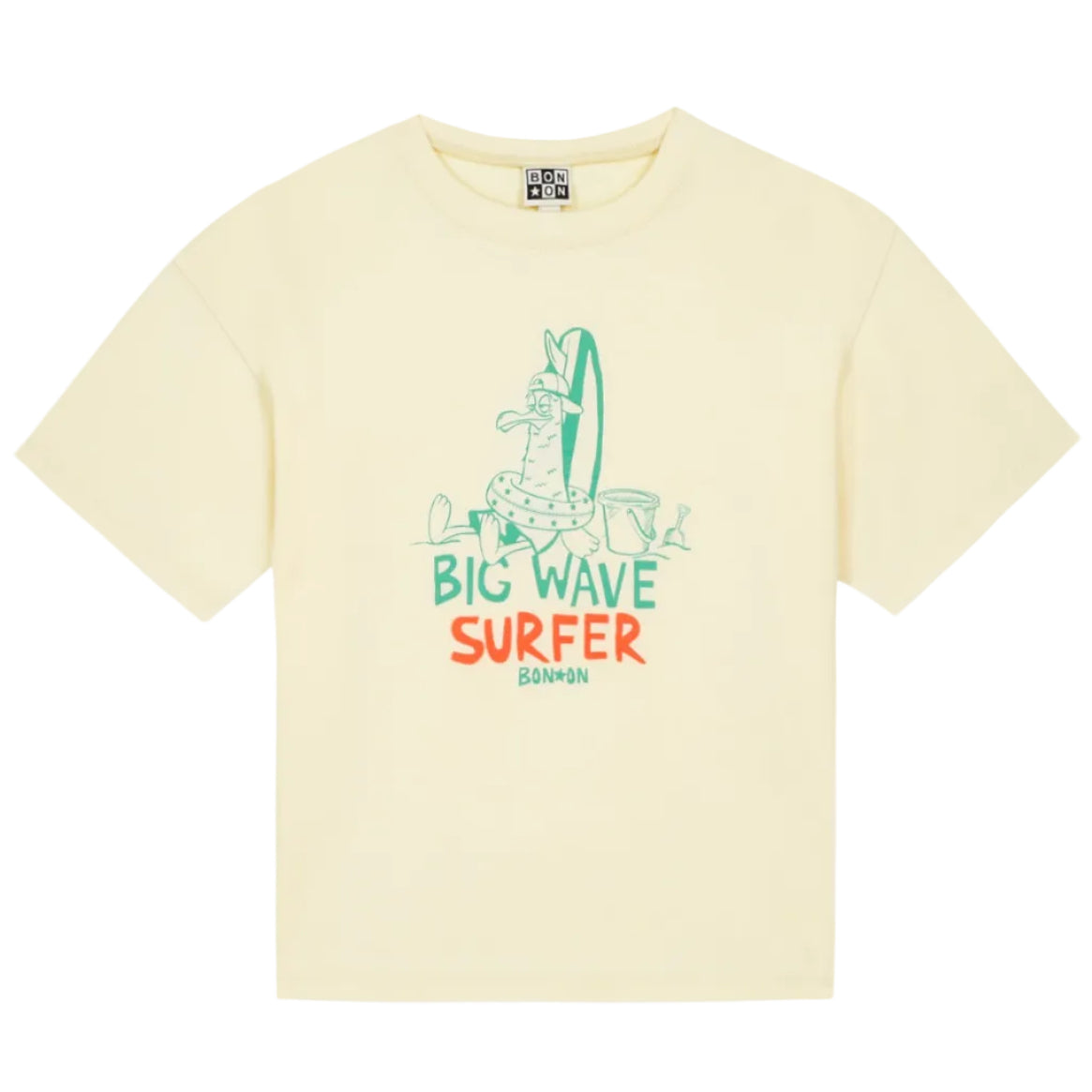 The Boys' Big Wave Livo T-Shirt by Bonton is a pale yellow kids’ summer tee with a cartoon dog and surfboard plus “Big Wave Surfer Bonbon” in green and orange—perfect for playful summer fun.
