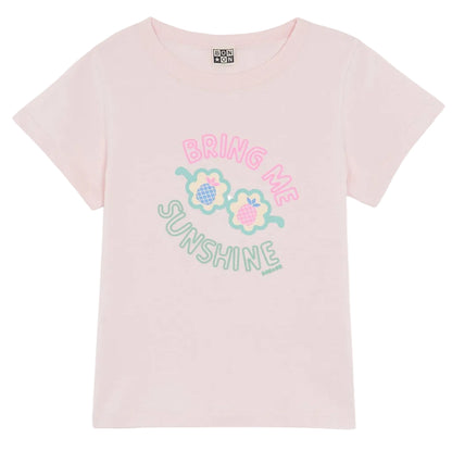 The Girls' Bring Me Sunshine Tubo T-Shirt by Bonton blends light pink style and 100% cotton softness with “BRING ME SUNSHINE” text and a playful flower-shaped sunglasses graphic on the front.