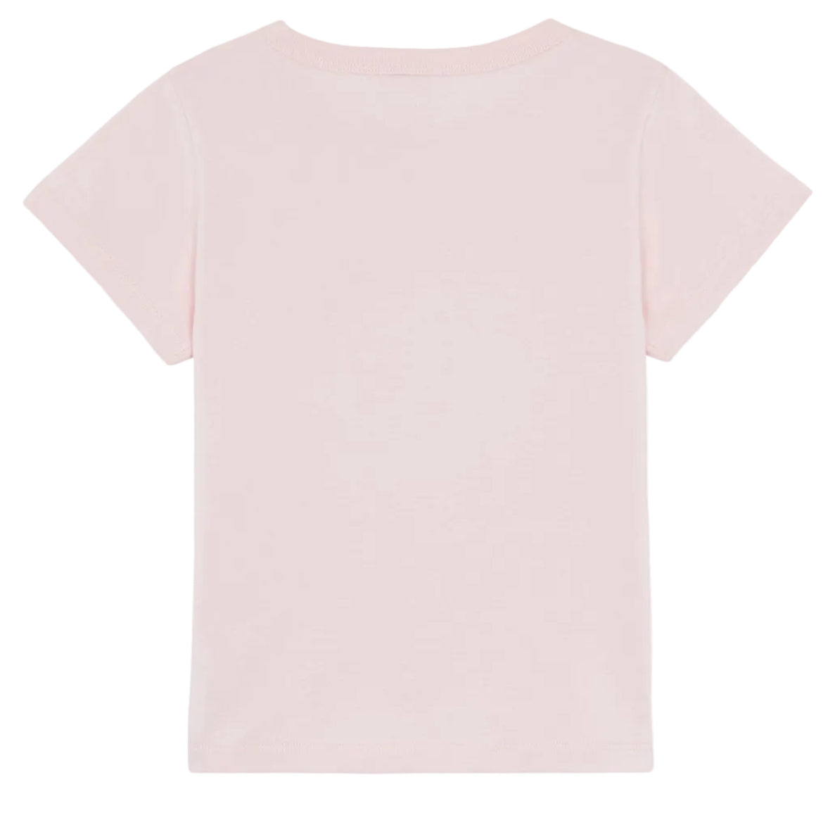 The Bonton Girls' Bring Me Sunshine Tubo T-Shirt, shown from the back against a white background, features a light pink hue and is crafted from 100% cotton for softness.