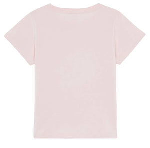 The Bonton Girls' Bring Me Sunshine Tubo T-Shirt, shown from the back against a white background, features a light pink hue and is crafted from 100% cotton for softness.