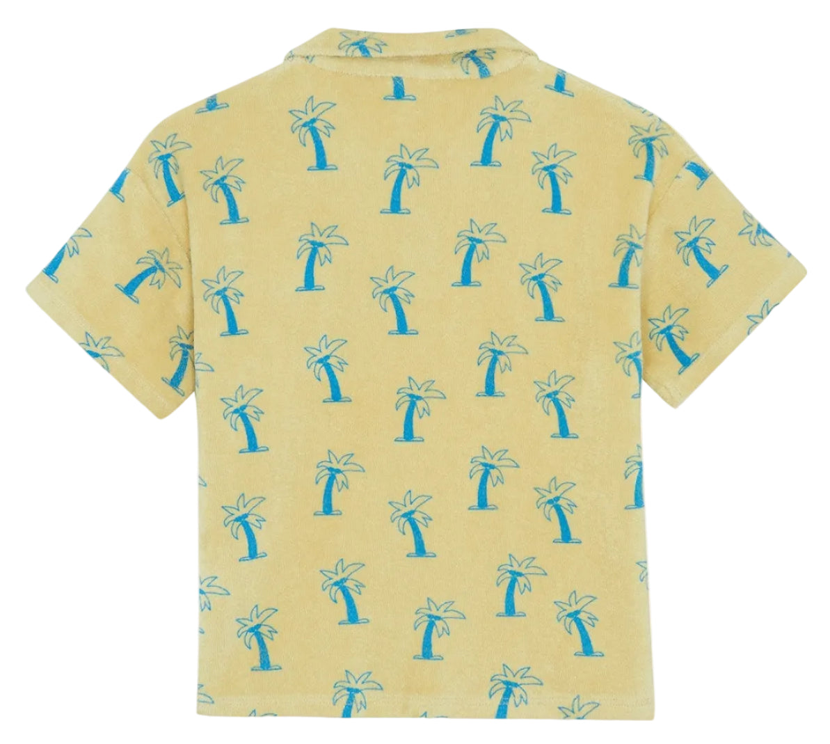 The Boys' Livio Polo, Palmiers by Bonton is a yellow short-sleeve 100% cotton shirt with a collar and an all-over blue palm tree print, displayed flat from the back.