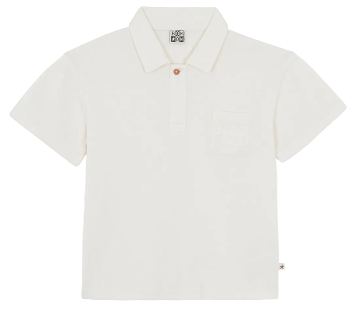The Bonton Boys' Livio Polo is a plain white cotton shirt with a collar, three buttons, and a chest pocket, laid flat on a white background—ideal for a classic summer look.