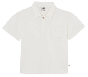 The Bonton Boys' Livio Polo is a plain white cotton shirt with a collar, three buttons, and a chest pocket, laid flat on a white background—ideal for a classic summer look.