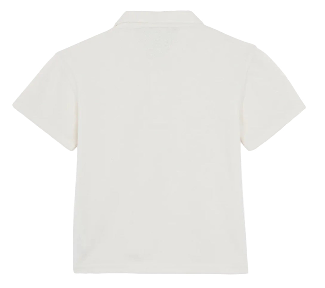 Back view of the Boys' Livio Polo by Bonton, a plain white cotton shirt with a collar, ideal for effortless summer style, shown on a white background.