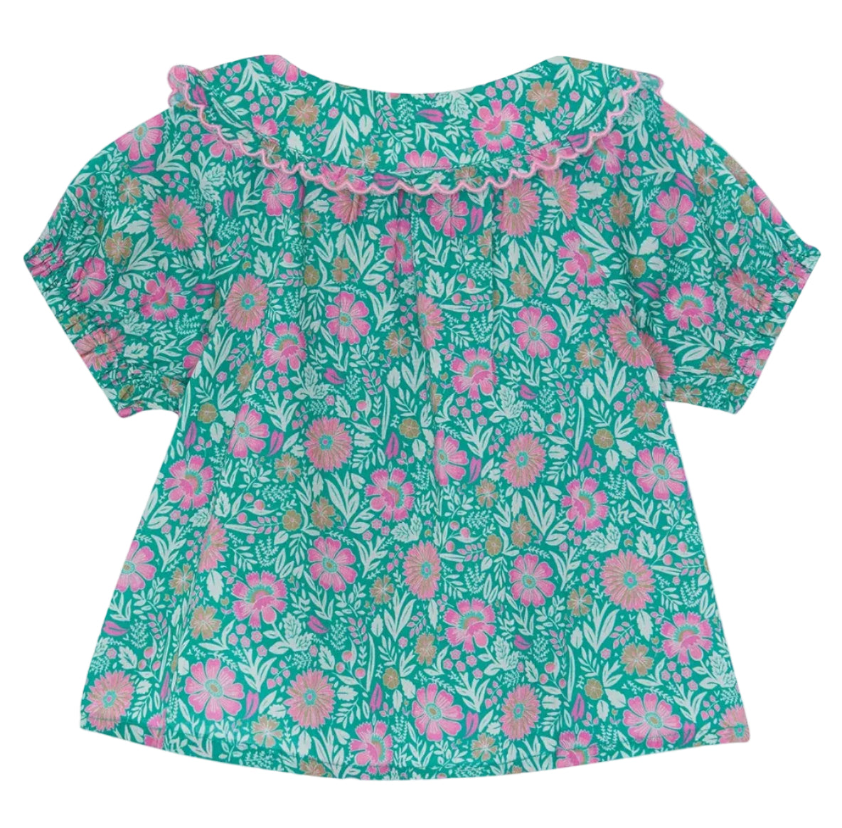 The Baby Girls' Aria Shirt by Bonton is a short-sleeve top featuring a green background with a pink floral pattern and a ruffled Peter Pan collar edged in light trim.