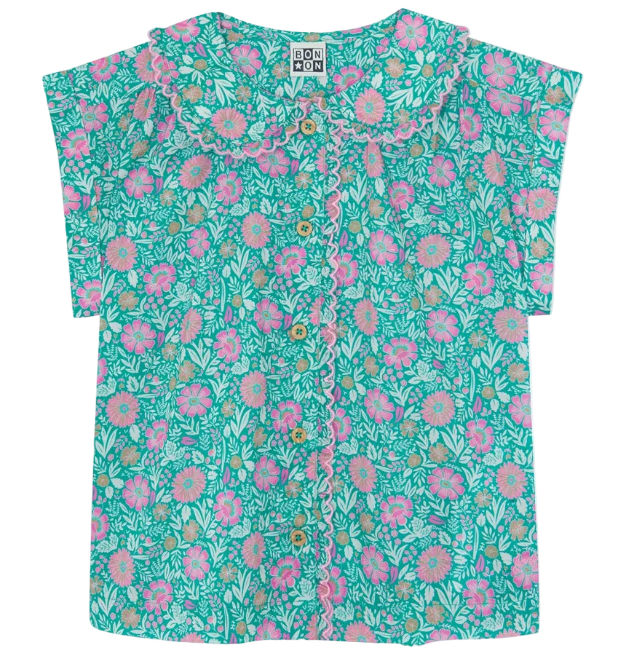 The Bonton Girls' Lorelei Shirt features short sleeves, turquoise color, pink and white floral print, front buttons, lace trim, and a scalloped Peter Pan collar.