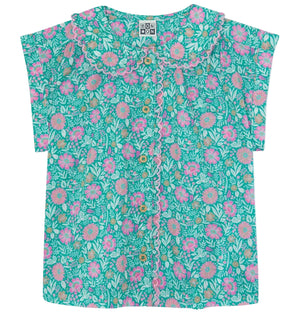 The Bonton Girls' Lorelei Shirt features short sleeves, turquoise color, pink and white floral print, front buttons, lace trim, and a scalloped Peter Pan collar.