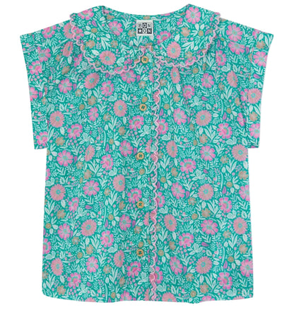 The Bonton Girls' Lorelei Shirt features short sleeves, turquoise color, pink and white floral print, front buttons, lace trim, and a scalloped Peter Pan collar.