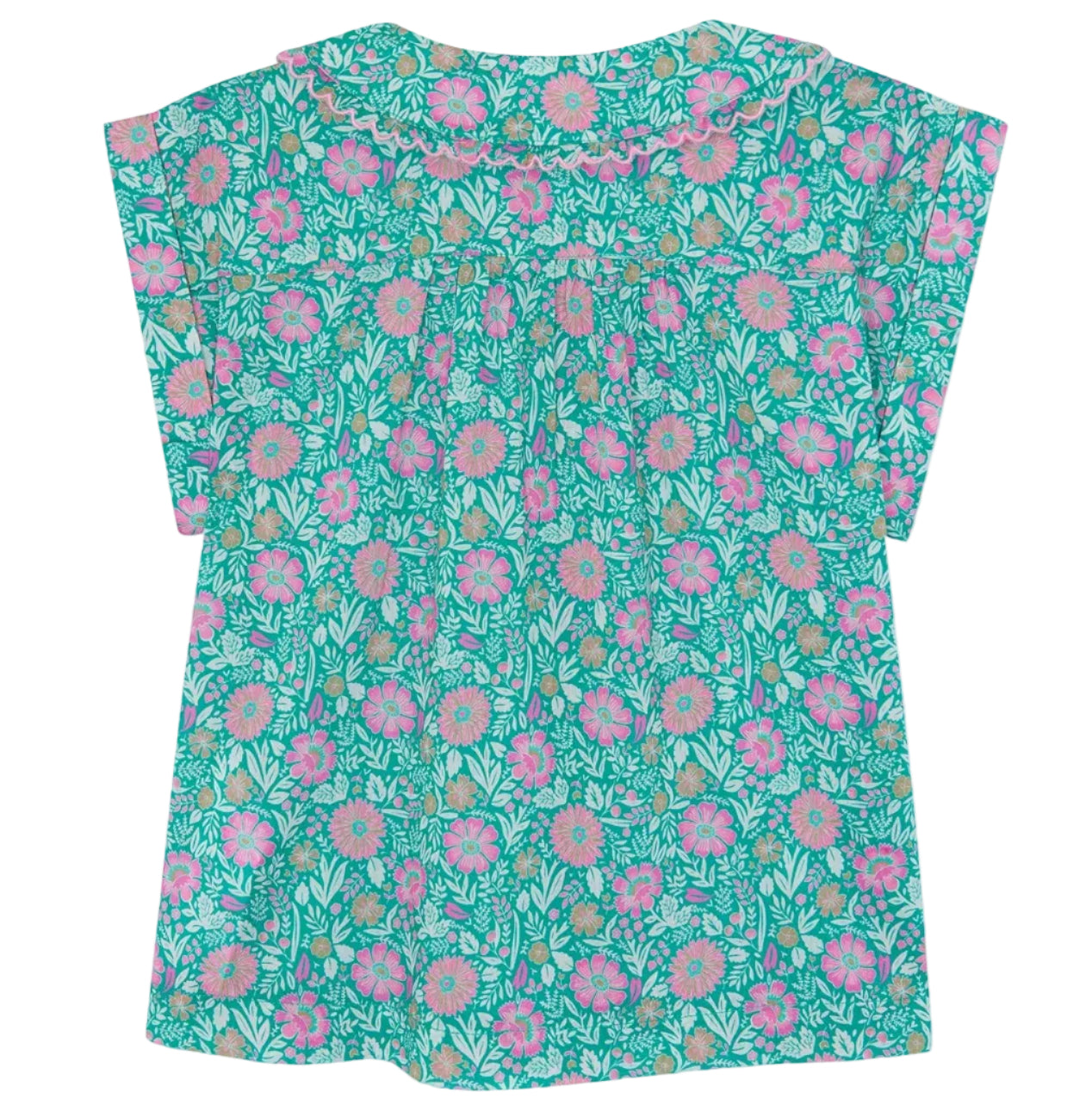 The Girls' Lorelei Shirt by Bonton is a short-sleeve top made from 100% cotton with an all-over pink and green floral pattern and blue accents, shown flat on a white background.