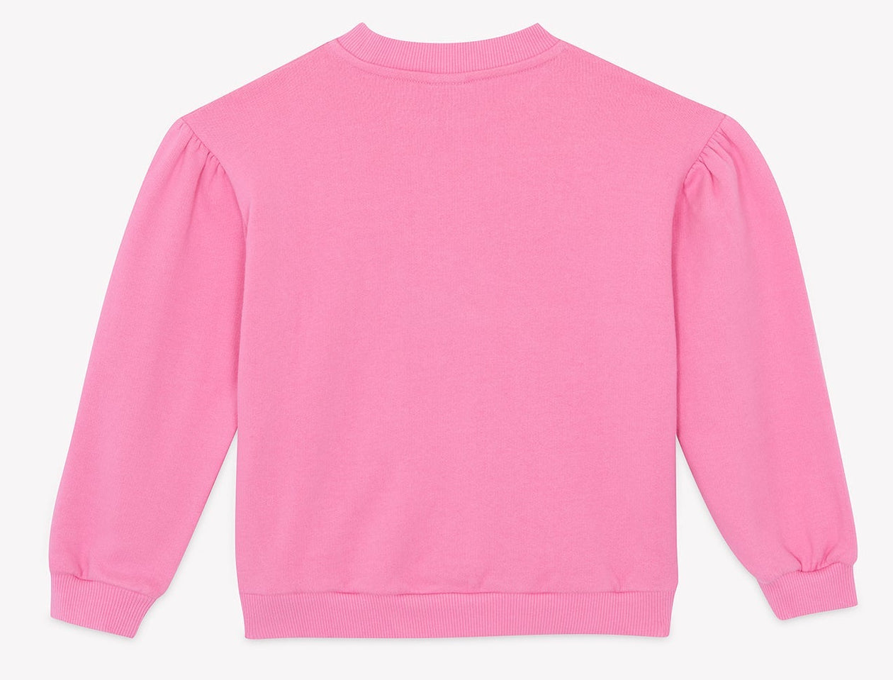 A plain pink long-sleeve sweatshirt from Bonton, the Girls’ Nolwen Sweatshirt, is displayed laid flat and viewed from the back. It features slight gathering at the shoulders, ribbed cuffs and hem, and subtle puffy sleeves for a charming touch.