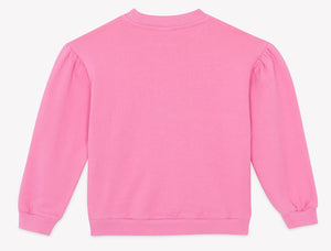 A plain pink long-sleeve sweatshirt from Bonton, the Girls’ Nolwen Sweatshirt, is displayed laid flat and viewed from the back. It features slight gathering at the shoulders, ribbed cuffs and hem, and subtle puffy sleeves for a charming touch.