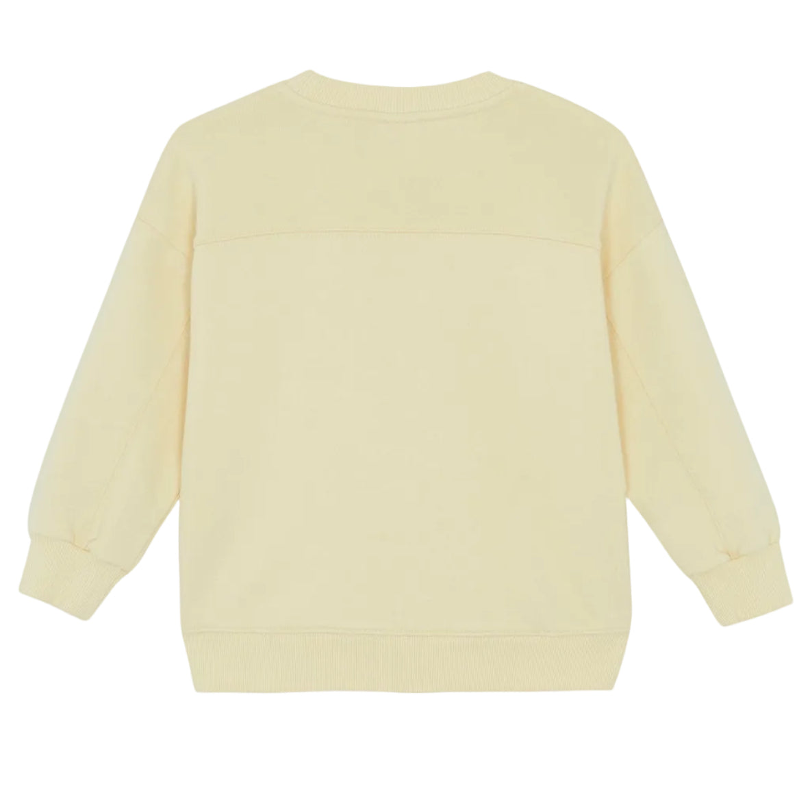 Back view of the Boys' Paradise Sweatshirt by Bonton in light yellow, featuring ribbed cuffs and hem for comfort; crafted from soft cotton for all-day wear.