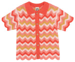 The Girls' Ninon Knit Top by Bonton features short sleeves, zigzag stripes in red, pink, yellow, and white, button-up front, scalloped edges, handmade finishes, and is crafted from 100% cotton for softness and breathability.