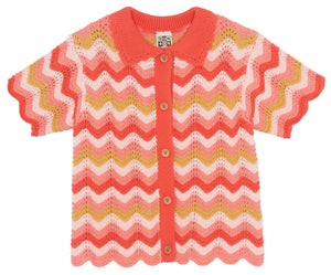 The Girls' Ninon Knit Top by Bonton features short sleeves, zigzag stripes in red, pink, yellow, and white, button-up front, scalloped edges, handmade finishes, and is crafted from 100% cotton for softness and breathability.