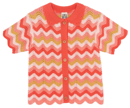 The Girls' Ninon Knit Top by Bonton features short sleeves, zigzag stripes in red, pink, yellow, and white, button-up front, scalloped edges, handmade finishes, and is crafted from 100% cotton for softness and breathability.