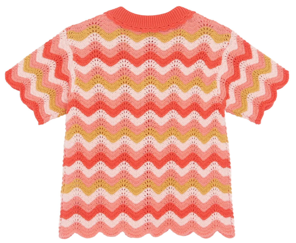 The Girls' Ninon Knit Top by Bonton is a 100% cotton short-sleeve crochet knit with coral, pink, mustard, and white zigzag stripes plus scalloped hems and handmade finishes.