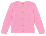 The Girls' Lilou Cardigan by Bonton features long sleeves, wooden buttons, and delicate openwork hearts, bringing a sweet accent to any outfit.