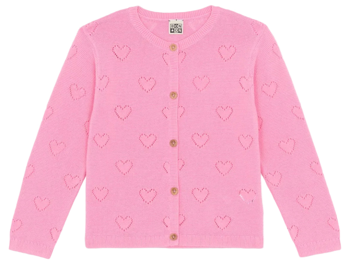 The Girls' Lilou Cardigan by Bonton features long sleeves, wooden buttons, and delicate openwork hearts, bringing a sweet accent to any outfit.