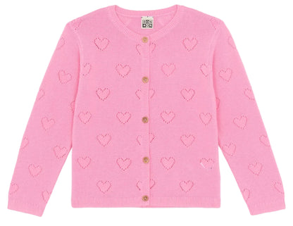 The Girls' Lilou Cardigan by Bonton features long sleeves, wooden buttons, and delicate openwork hearts, bringing a sweet accent to any outfit.