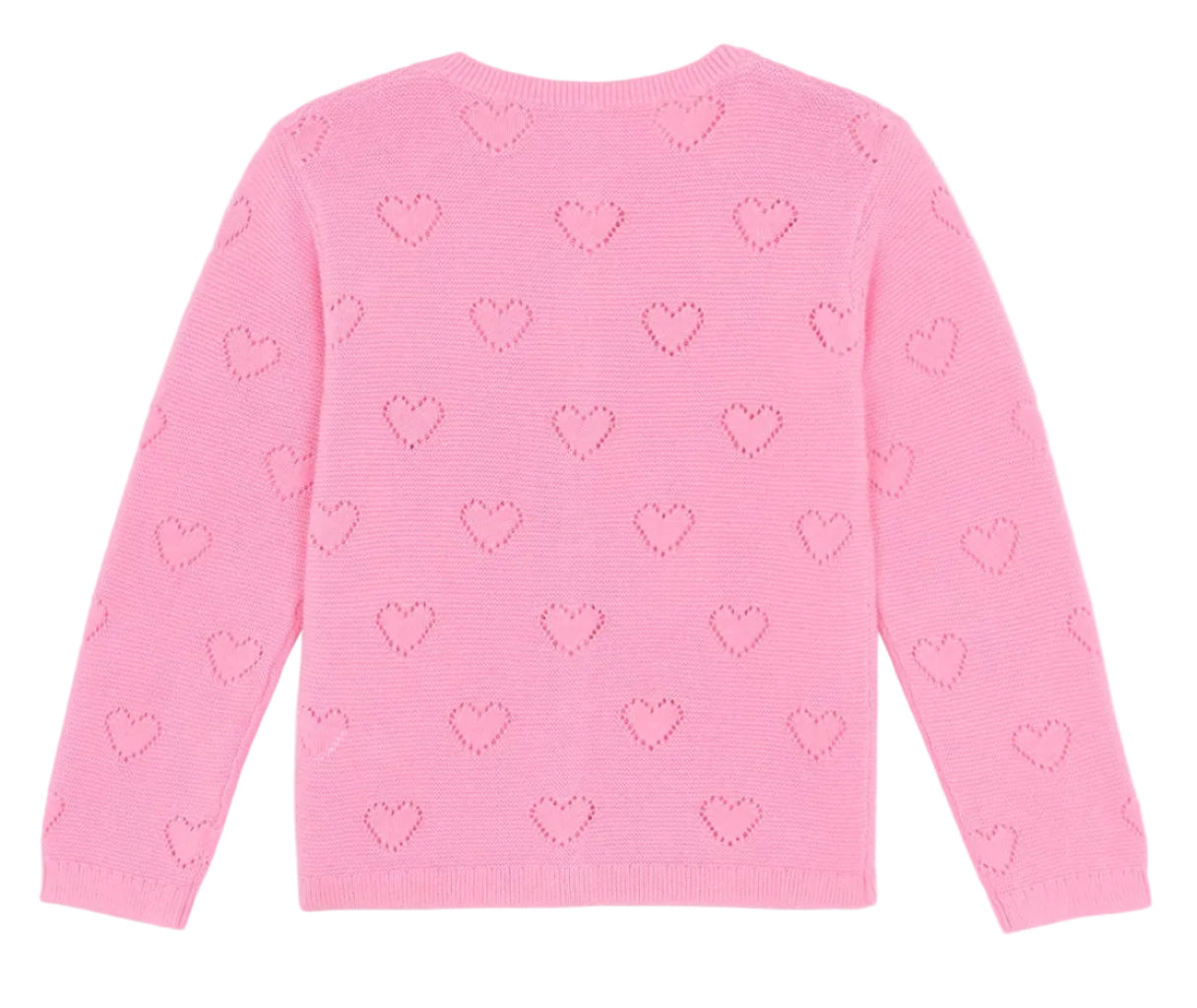 The Girls' Lilou Cardigan by Bonton is a pink, long-sleeve cardigan with openwork heart-shaped cutouts distributed across the fabric.