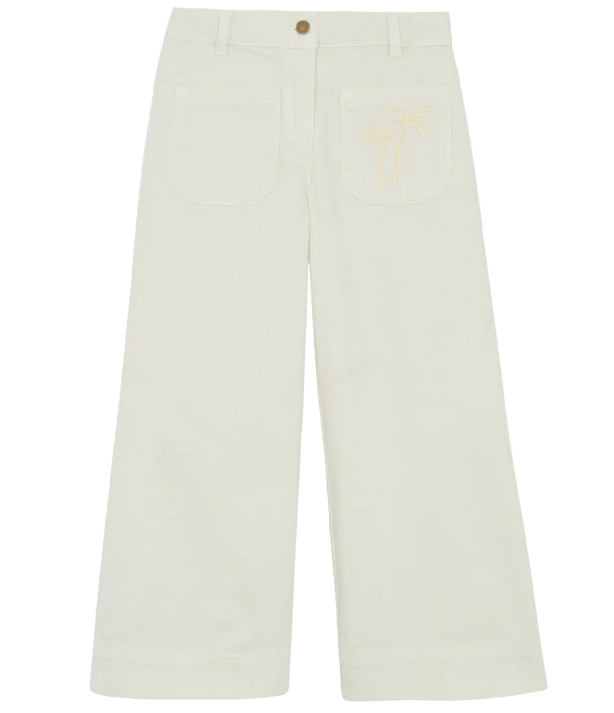 The Bonton Girls' Lakiko Pant features a wide-leg, high-waisted cream design with front patch pockets and a subtle palm tree embroidery on the left pocket.