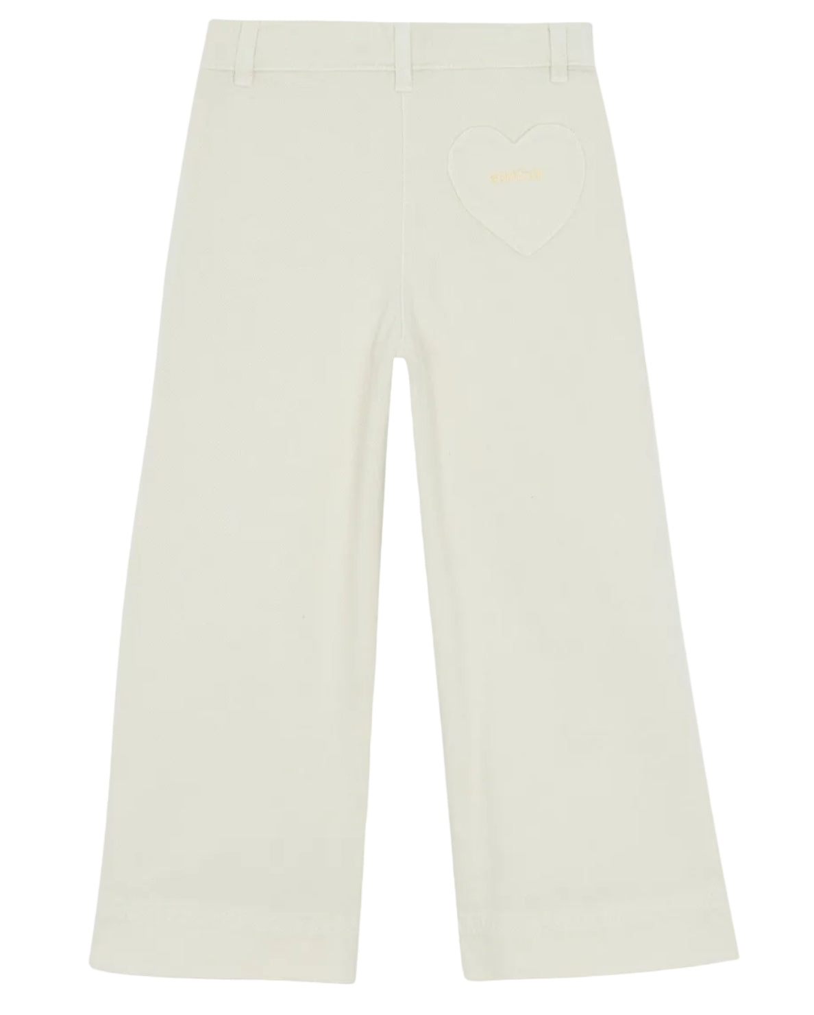 Back view of the Bonton Girls' Lakiko Pant featuring white wide-leg style, belt loops, a heart-shaped pocket, and a playful palm tree embroidery.