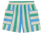 Green, blue, and beige vertically striped cotton Boys’ Lois Short by Bonton, featuring two large front pockets and the initials “B.T.N” embroidered on the right pocket. These shorts also have an elastic waist for a comfortable fit.