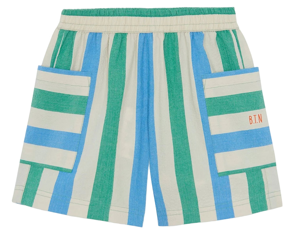 Green, blue, and beige vertically striped cotton Boys’ Lois Short by Bonton, featuring two large front pockets and the initials “B.T.N” embroidered on the right pocket. These shorts also have an elastic waist for a comfortable fit.