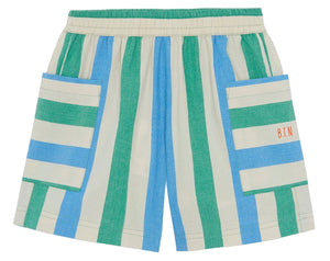 Green, blue, and beige vertically striped cotton Boys’ Lois Short by Bonton, featuring two large front pockets and the initials “B.T.N” embroidered on the right pocket. These shorts also have an elastic waist for a comfortable fit.