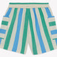 Green, blue, and cream vertically striped cotton Boys’ Lois Shorts by Bonton, featuring an elastic waistband and two side pockets, displayed flat against a white background. These shorts blend classic style with everyday comfort.