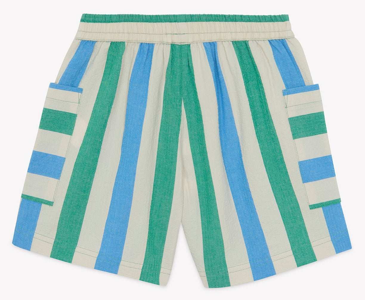 Green, blue, and cream vertically striped cotton Boys’ Lois Shorts by Bonton, featuring an elastic waistband and two side pockets, displayed flat against a white background. These shorts blend classic style with everyday comfort.
